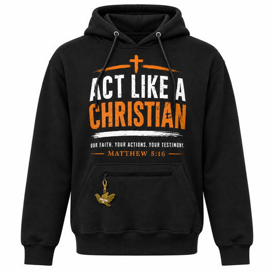 Black ACT LIKE A CHRISTIAN 101 hoodie front with zippered pocket and gold dove charm
